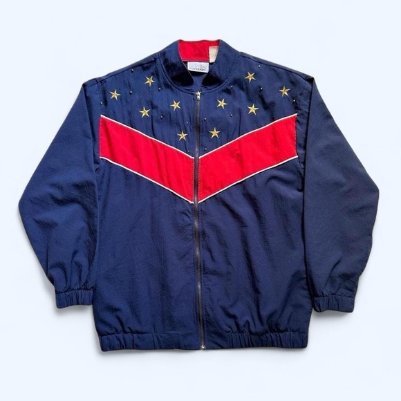 bonnie blain Jackets & Blazers - Vintage 1990s Navy Windbreaker Bomber Jacket with Red Chevron & Gold Stars L